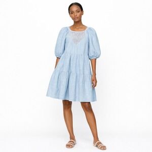 Lilly Pulitzer Blue Linen Puff Sleeve Dress Eyelet Pockets Sz 10 Summer Resort